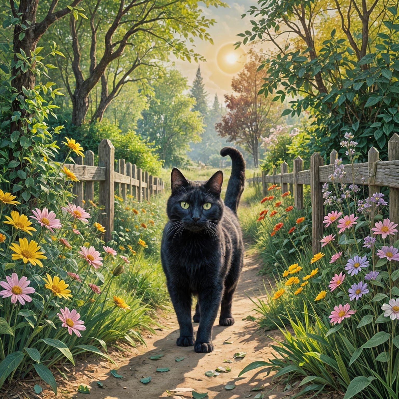Whimsical Black Cat Strolls Through Vibrant Countryside Bloo...
