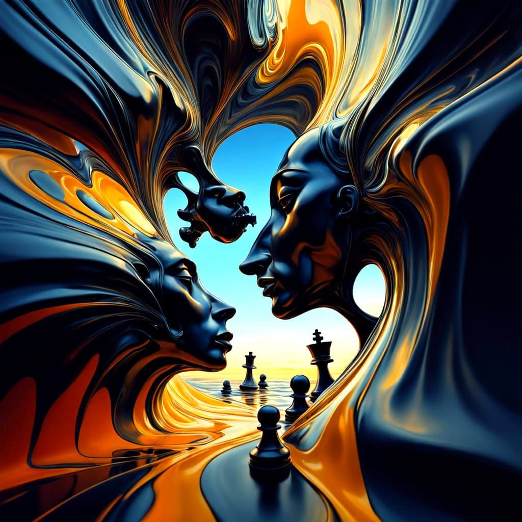 Surreal Chess Pieces Melt in Dreamlike Void