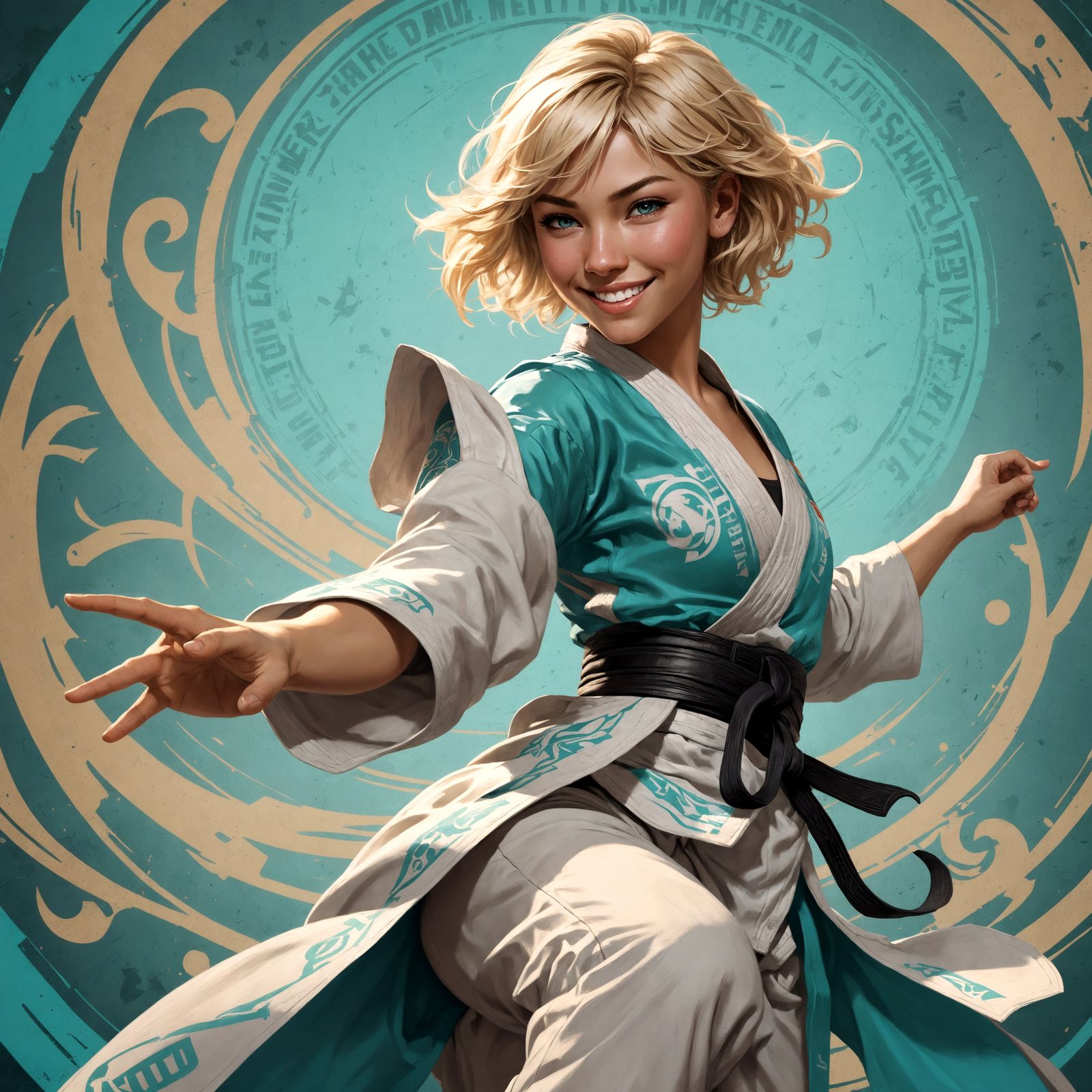 Dynamic Turquoise Anime Teen Martial Artist in 8K