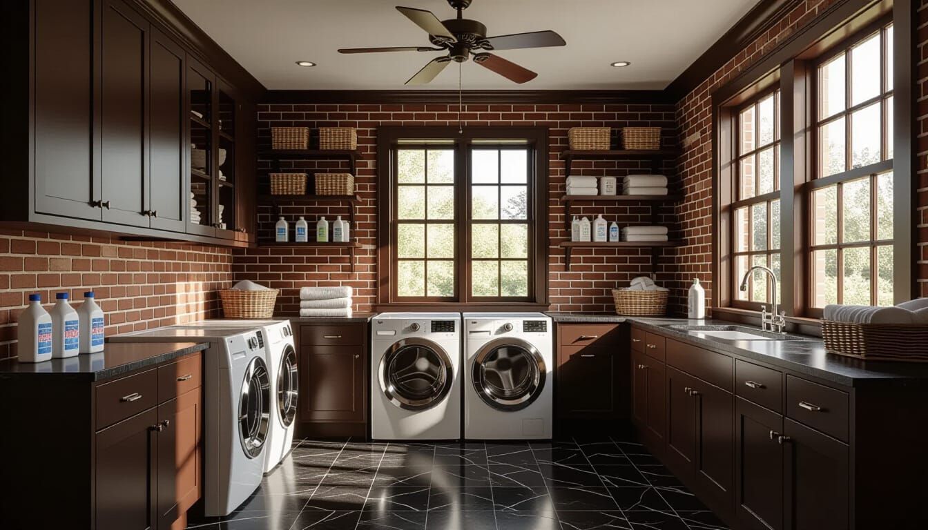 Victorian Laundry Room with Glass Wall and Soft Lighting