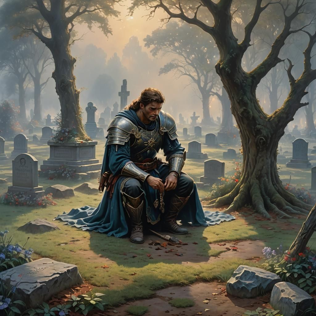 Sorrowful Warrior with Woman in Ethereal Fantasy Style