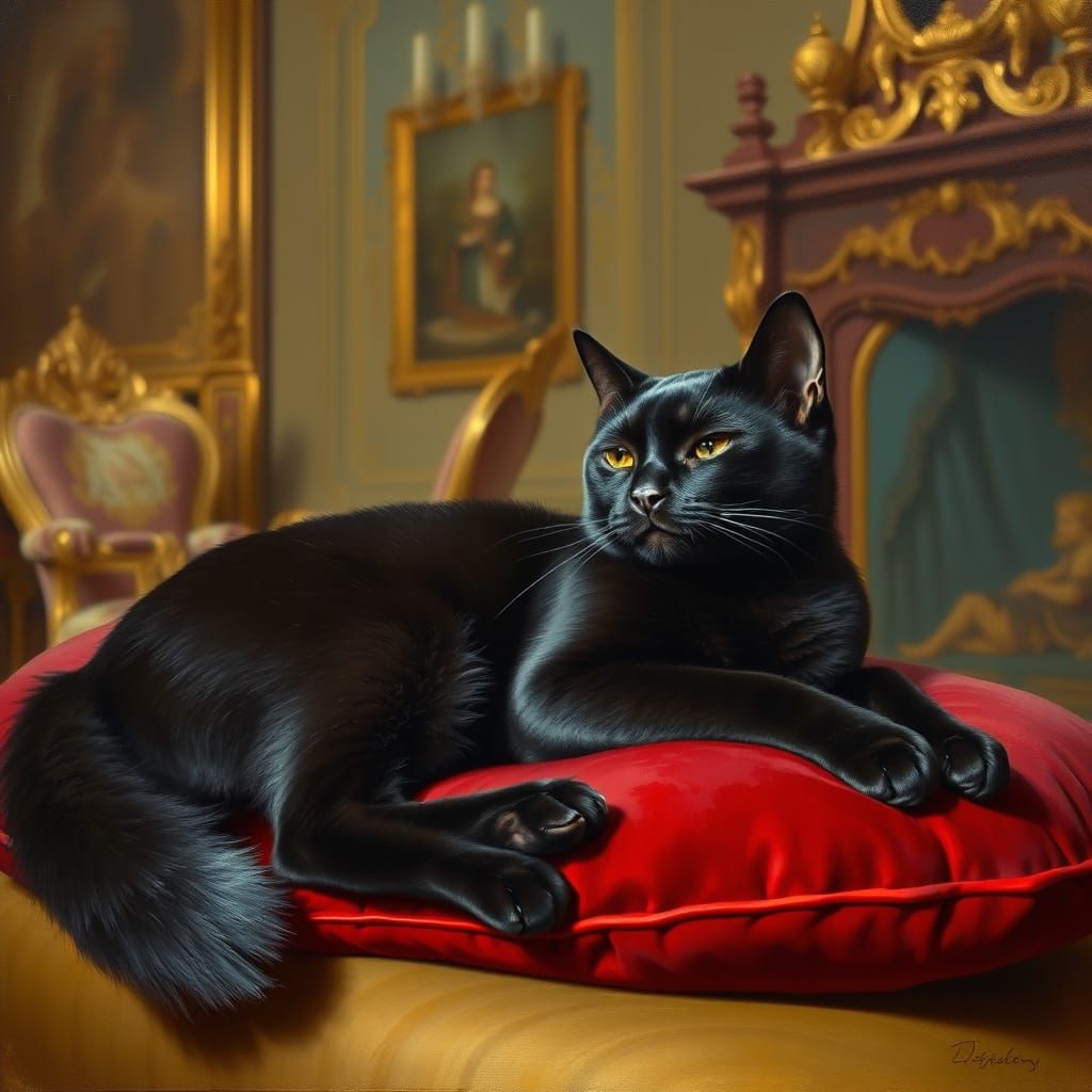Elegant Black Cat on Velvet Cushion