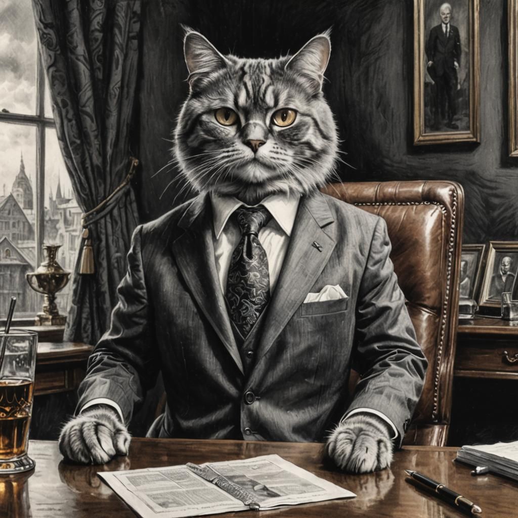 Hyperdetailed Charcoal Drawing of Cat President