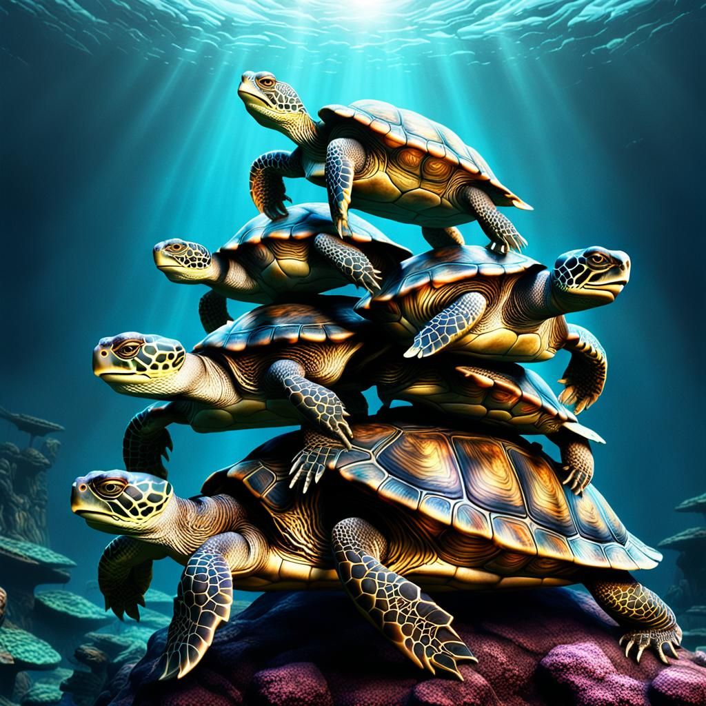 Turtles Stacked to the Sky in Magic Realism