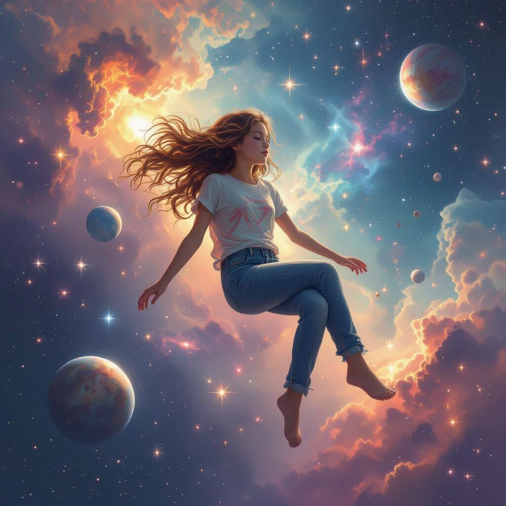 Ethereal Girl Floating in Space Dreamscape