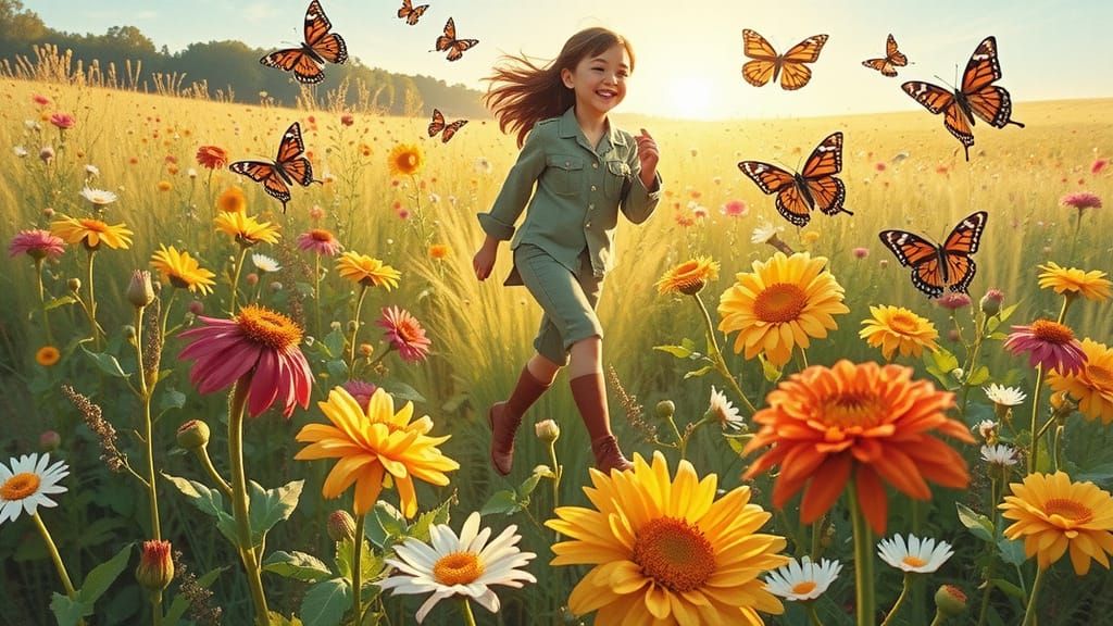 Girl Chasing Butterflies in a Vibrant Flower Field