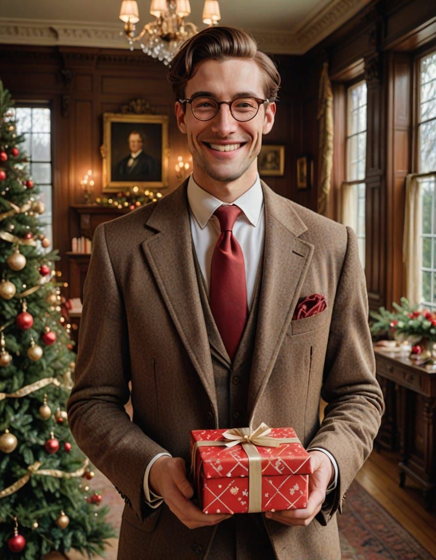 Dapper Victorian Gentleman Unwraps Christmas Gift