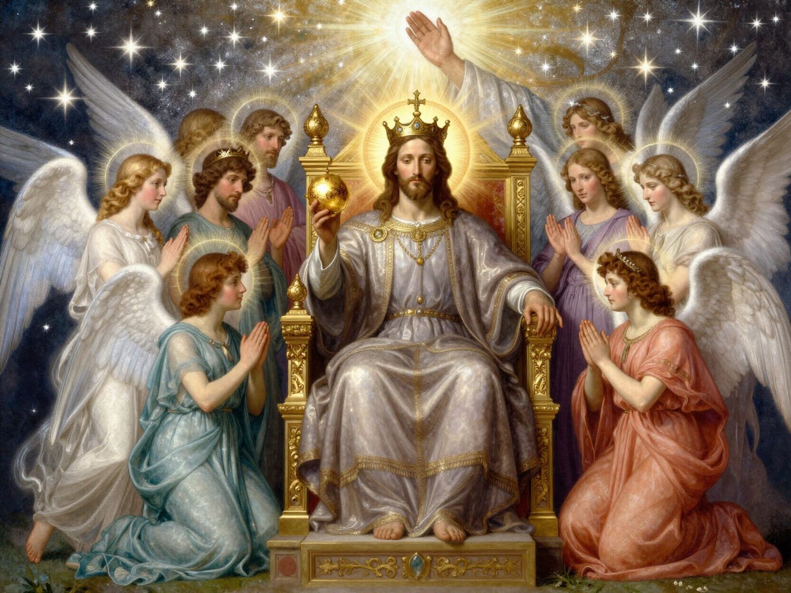 Christ as King of the Universe in Pre-Raphaelite Style