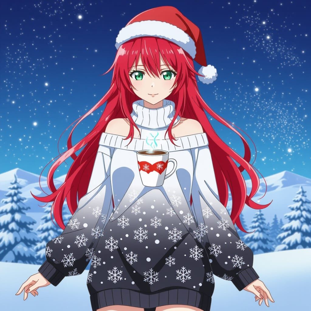 Anime Woman with Red Hair and Snowflake Dress