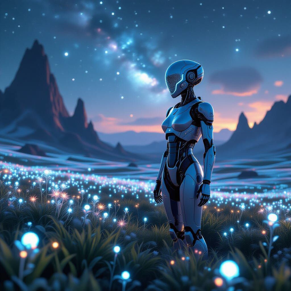 Robotic Figure in Alien Bioluminescent Field