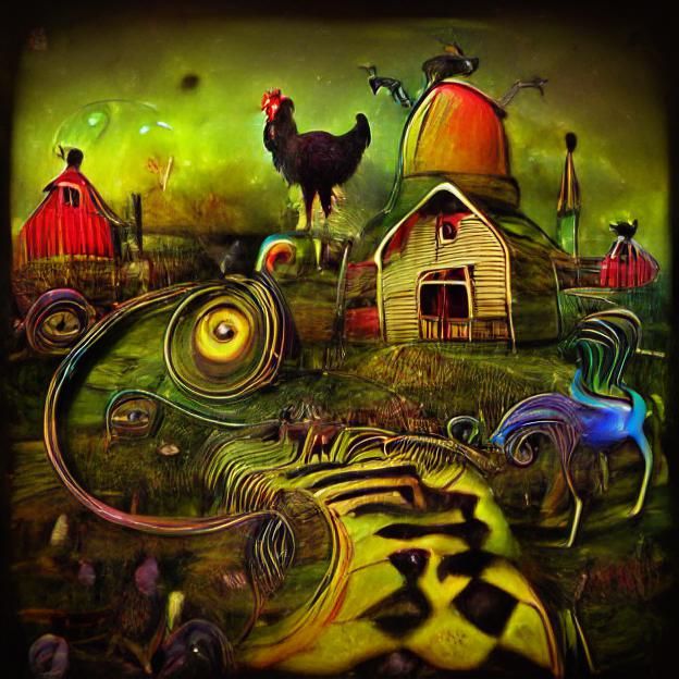 Psychedelic Steampunk Farm at Midnight, Vividly Rendered