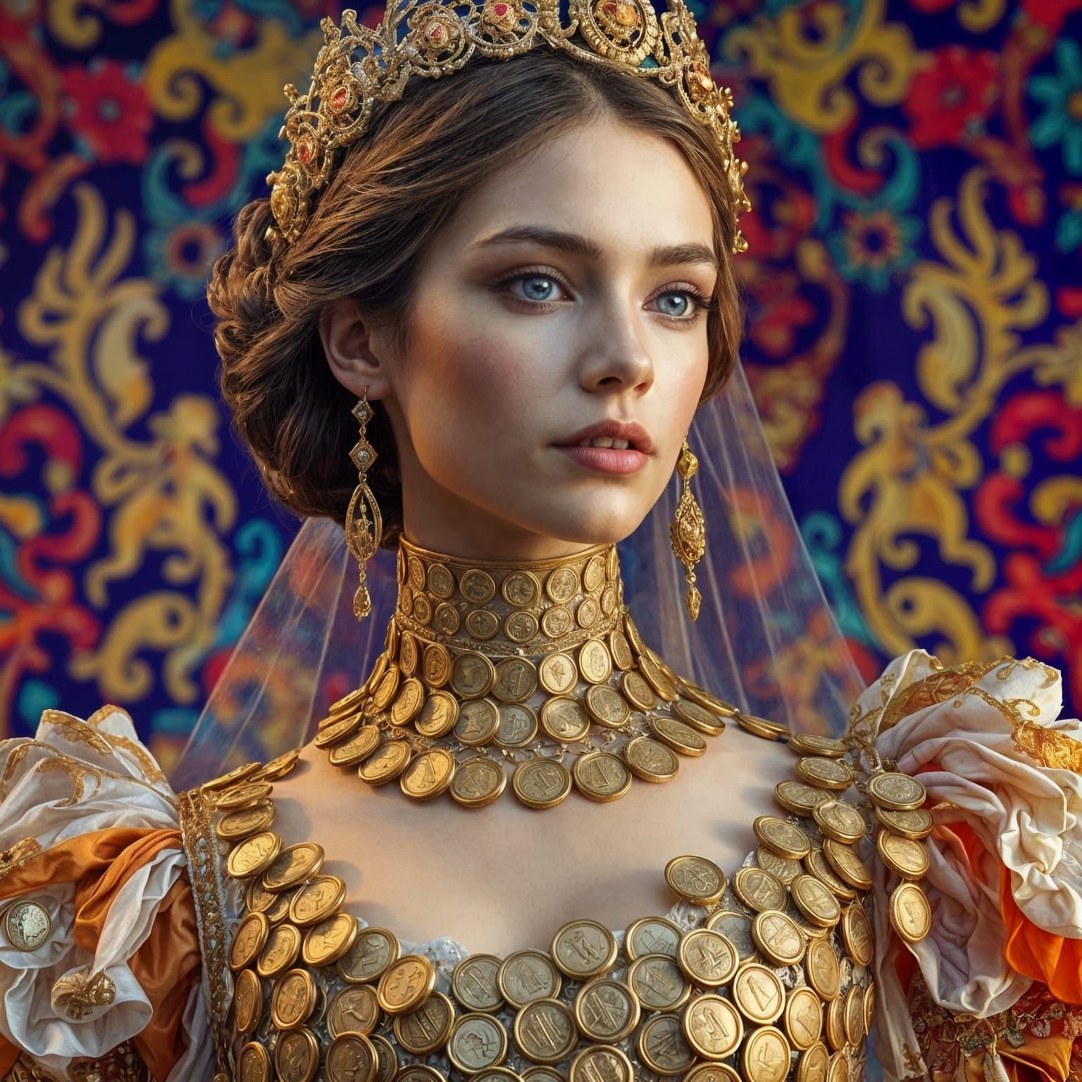 Ethereal Woman in Renaissance Coin Gown, Hyperrealistic Spla...