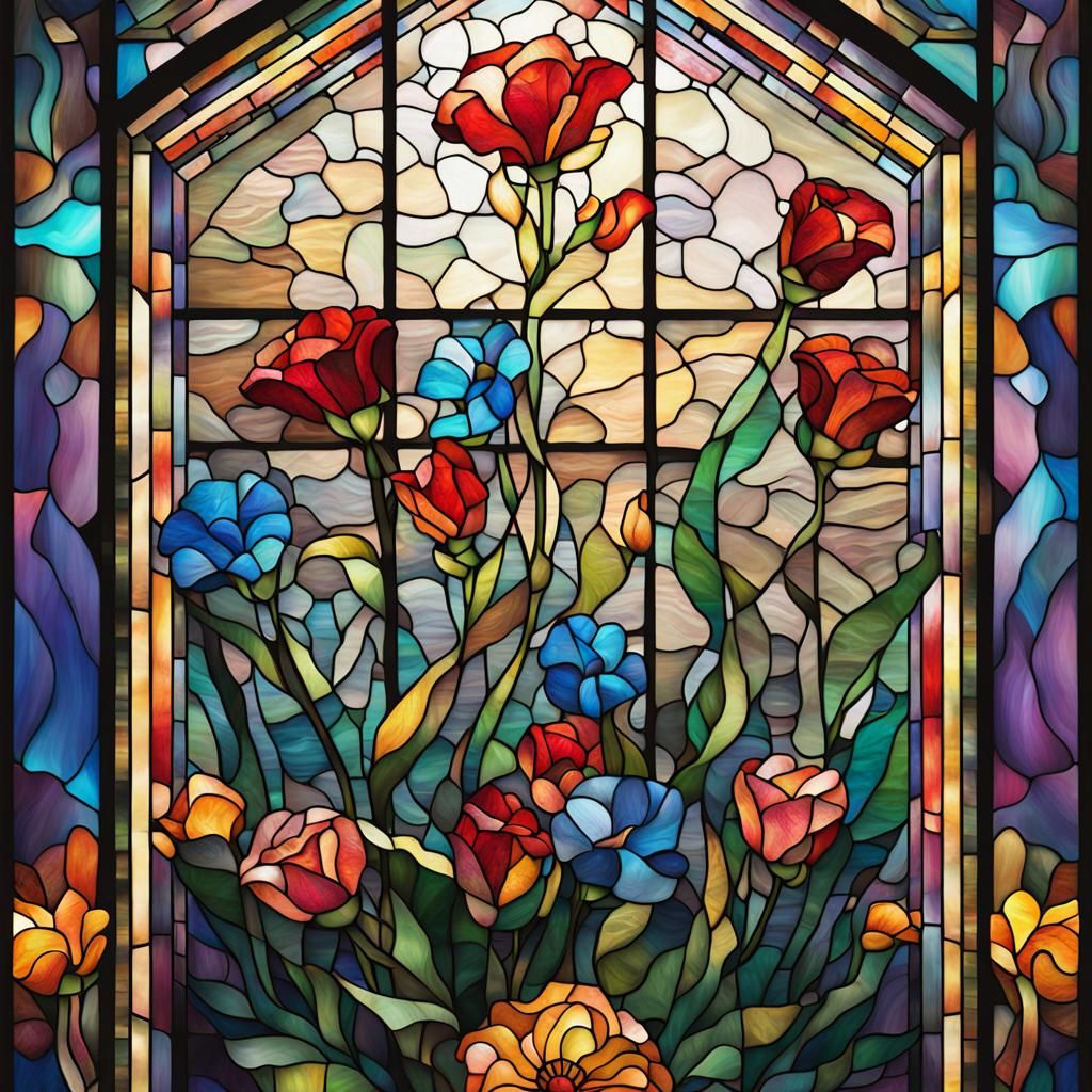 Hyperrealistic Stained Glass Window with Flowers