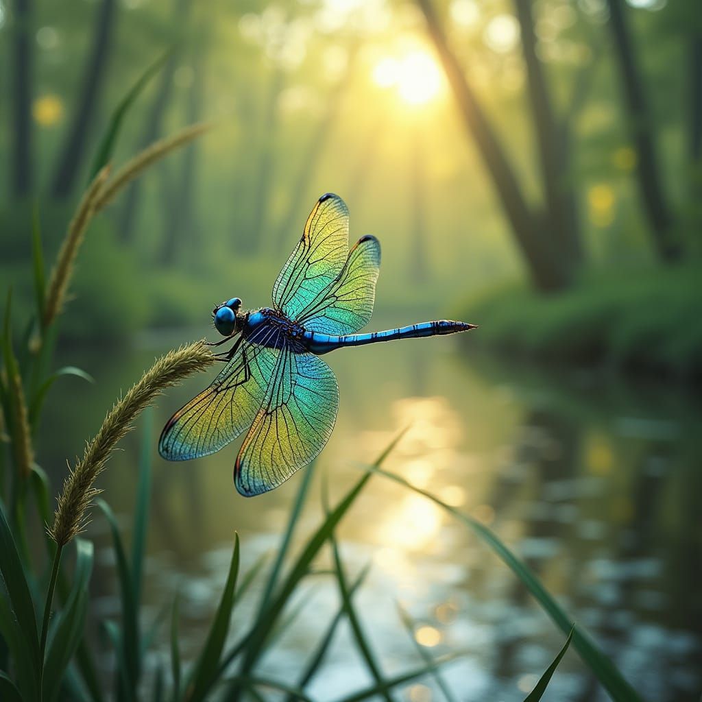 Dragonfly in Whimsical Forest Landscape