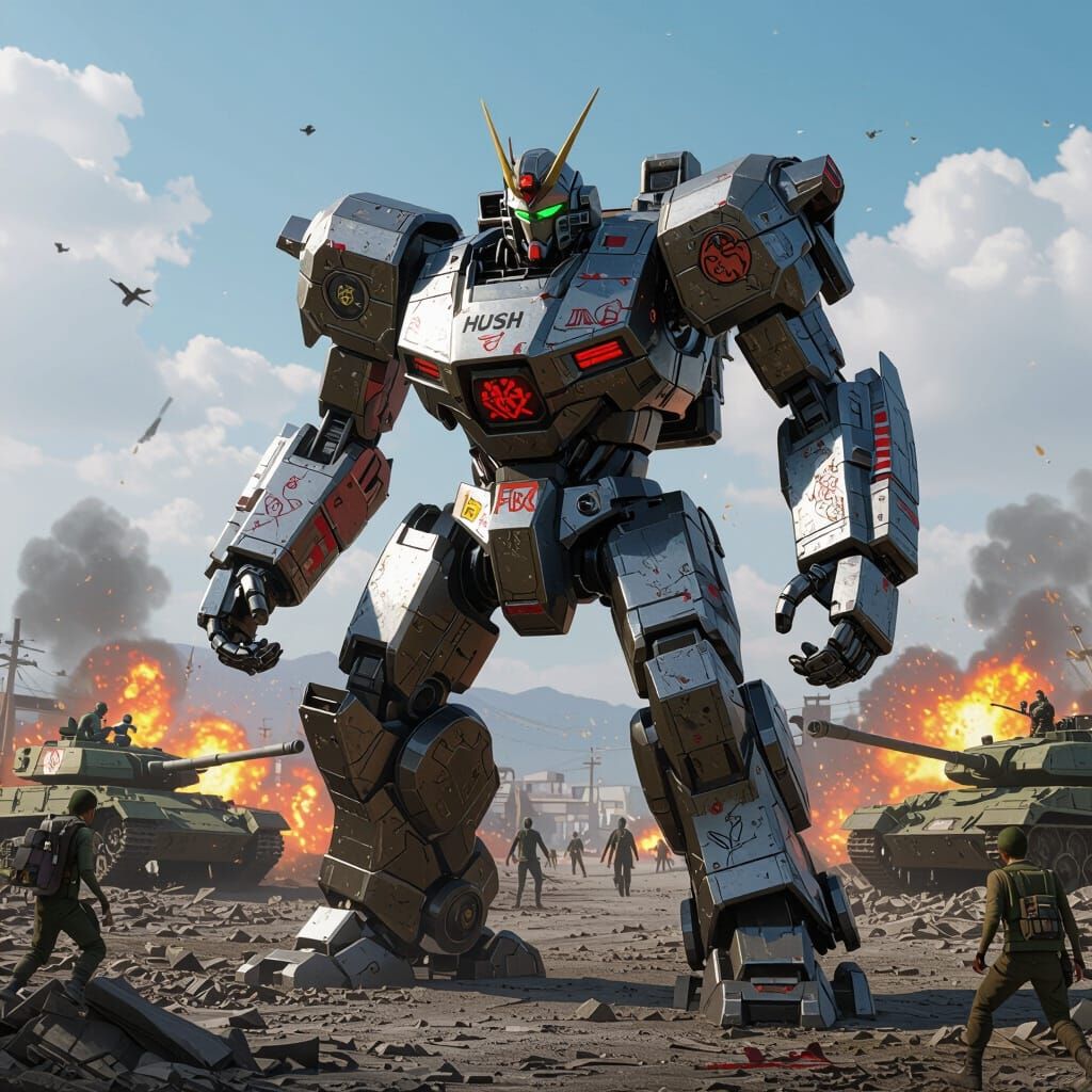Giant Robot "HUSH" in Battle Stance Amidst Warzone