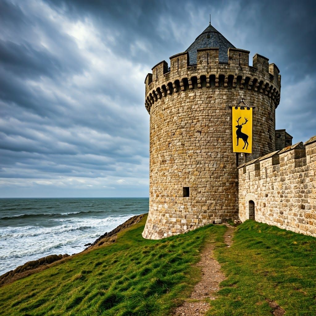 Medieval Castle on Stormy Coast with Yellow Banner