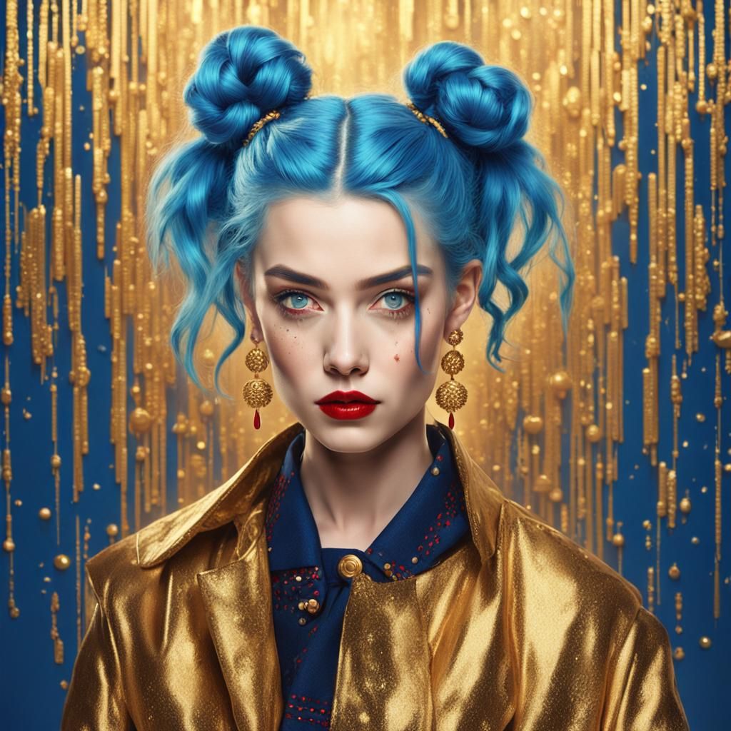 Blue-Haired Girl with Golden Glitch Background