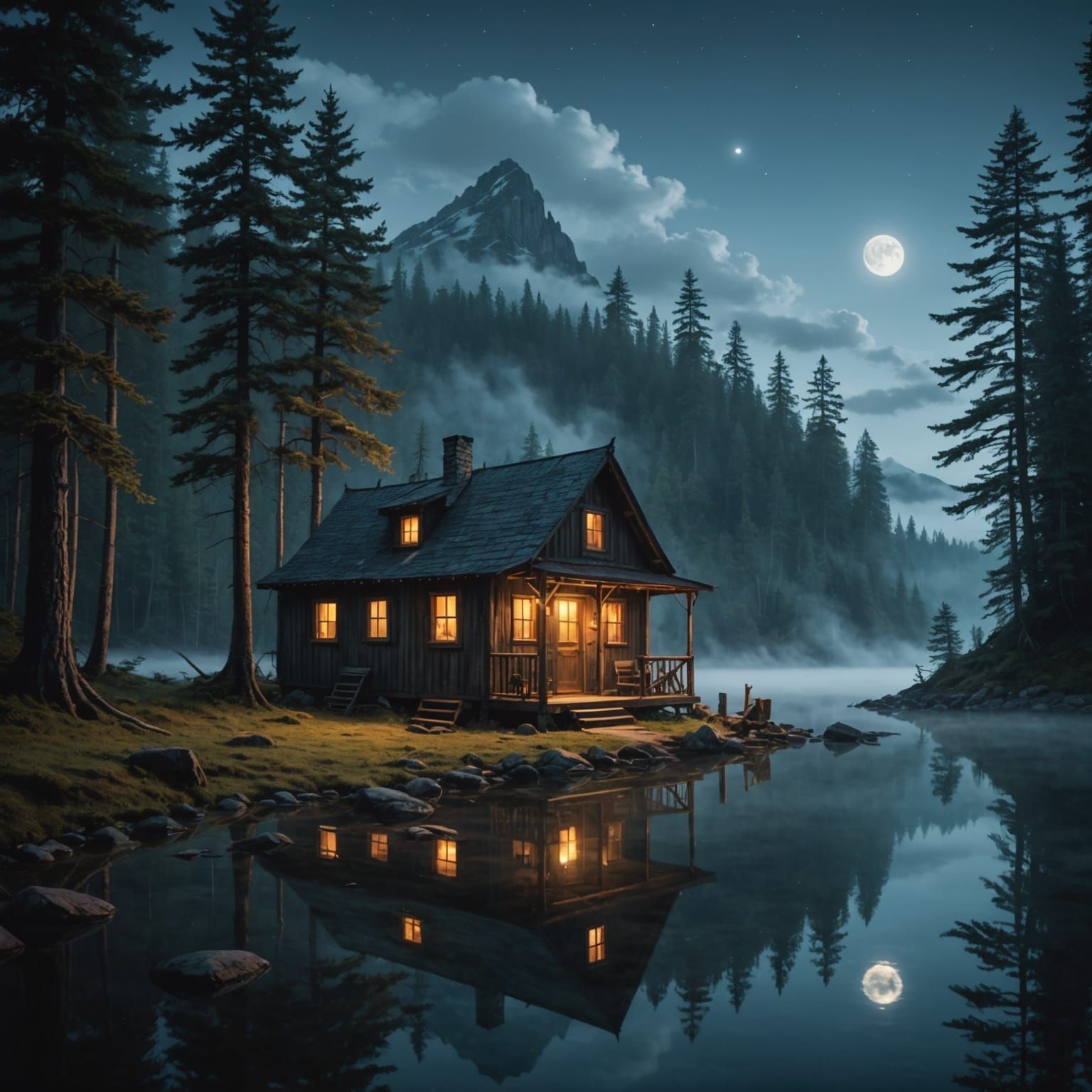 Mysterious Monster Arrives at Moonlit Lake Cabin