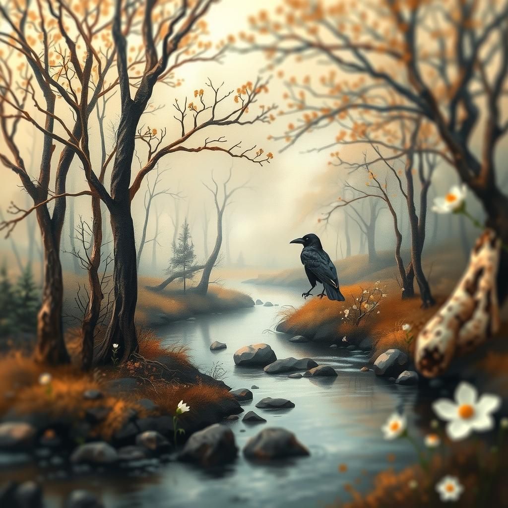 Dreamy River Landscape with Raven, Neo-Impressionist Style