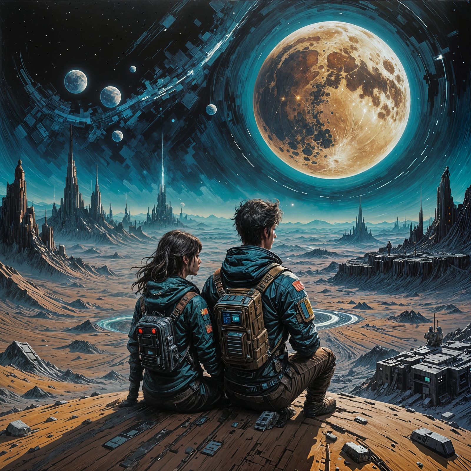 Cyberpunk Moonlit Scene in Impasto Style