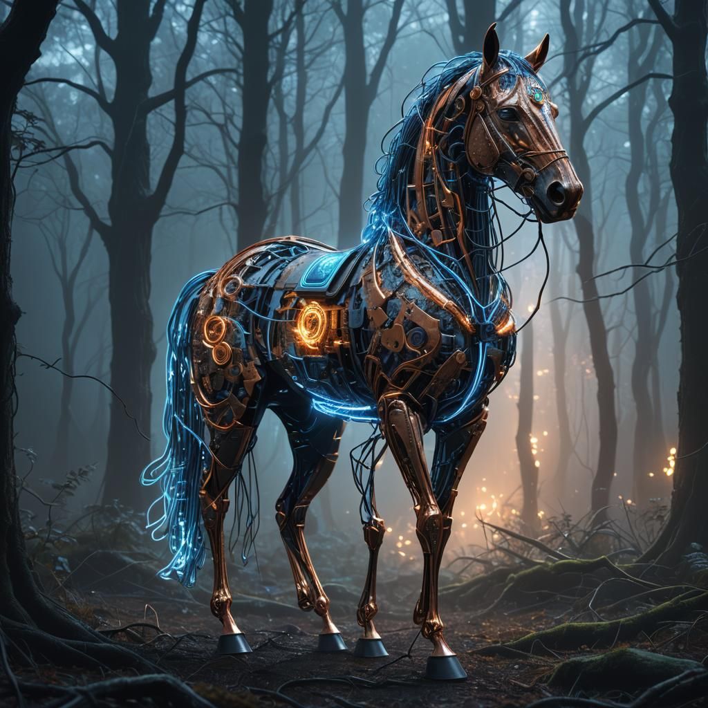 Electric Copper Horse in Misty Forest Concept Art