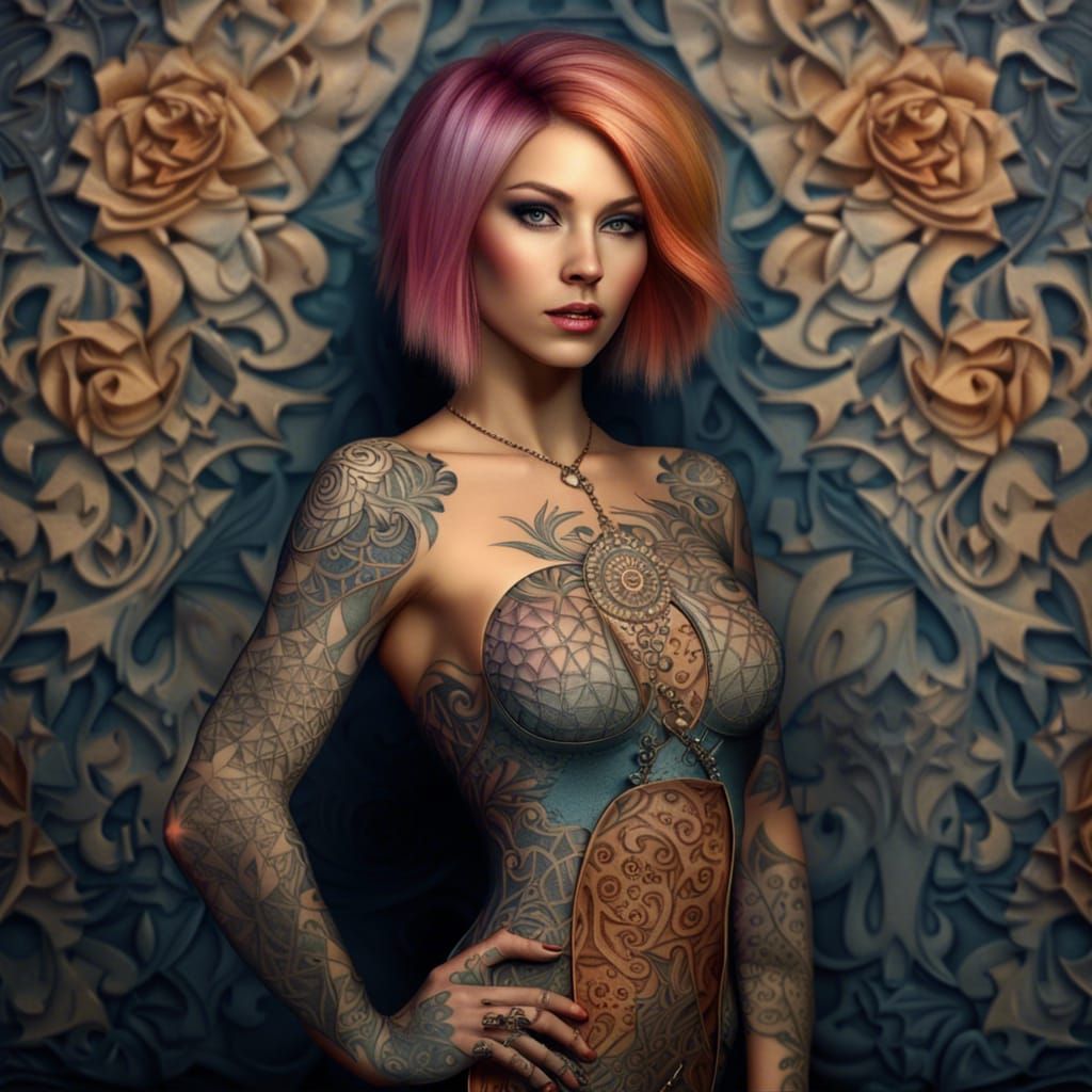 Photorealistic Tattooed Woman in Fractal Dress Design