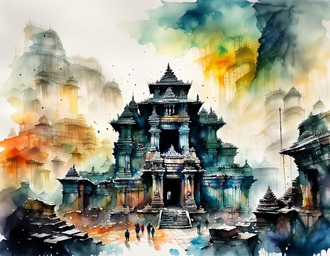 Epic Watercolor-Inspired Digital Painting of Kailasa Temple...