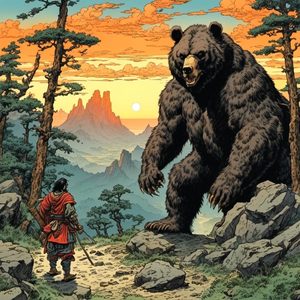 A Samuari meets a fierce bear on a narrow epic rocky trail