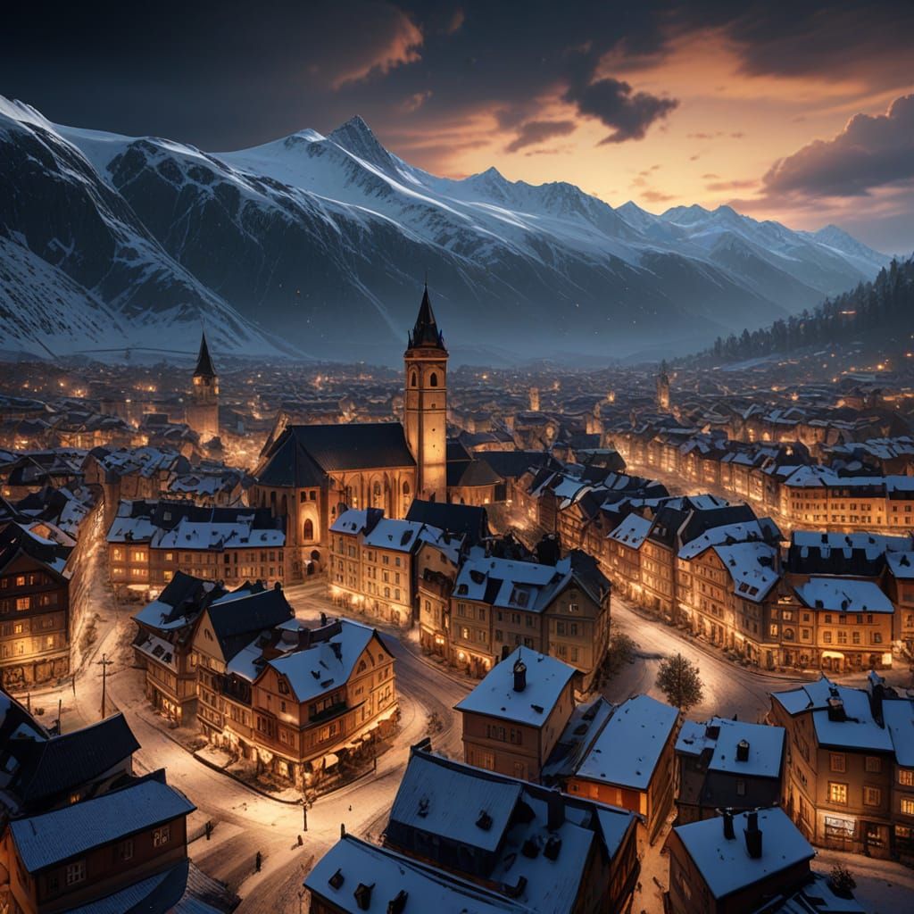 Ardez Switzerland Cityscape at Night in Matte Painting