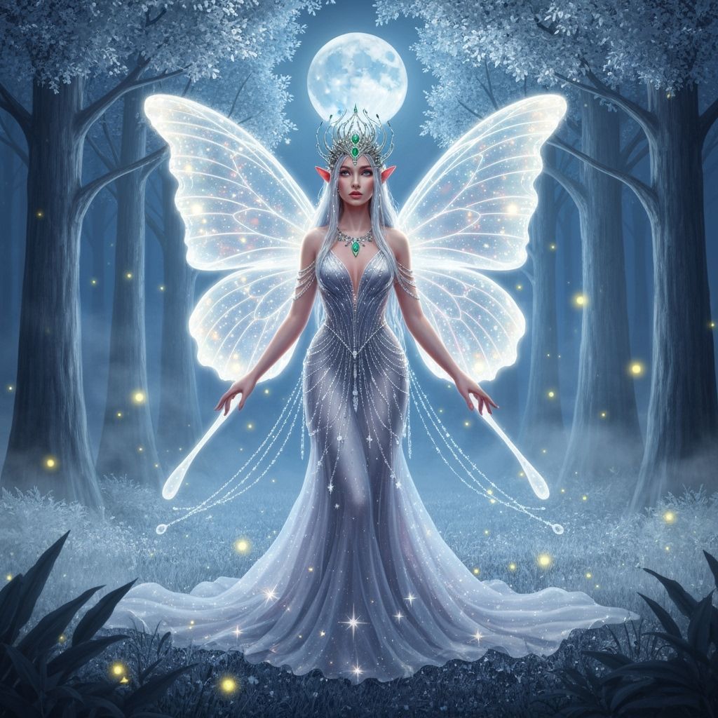 Ethereal Elven Queen in Silver Forest Under Full Moon
