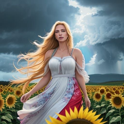 Woman in Sunflower Field, Hyper-Realistic Digital Art