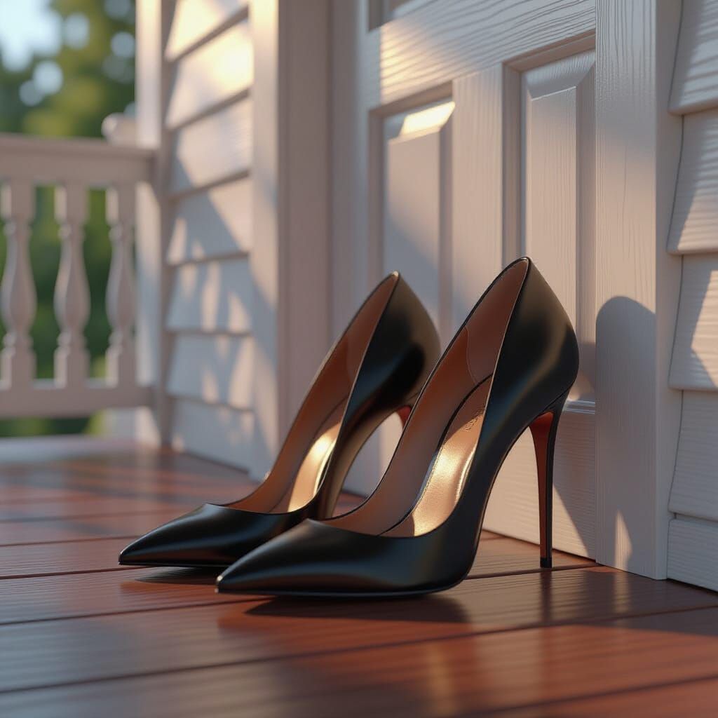 Black Stiletto Heels on Wooden Porch