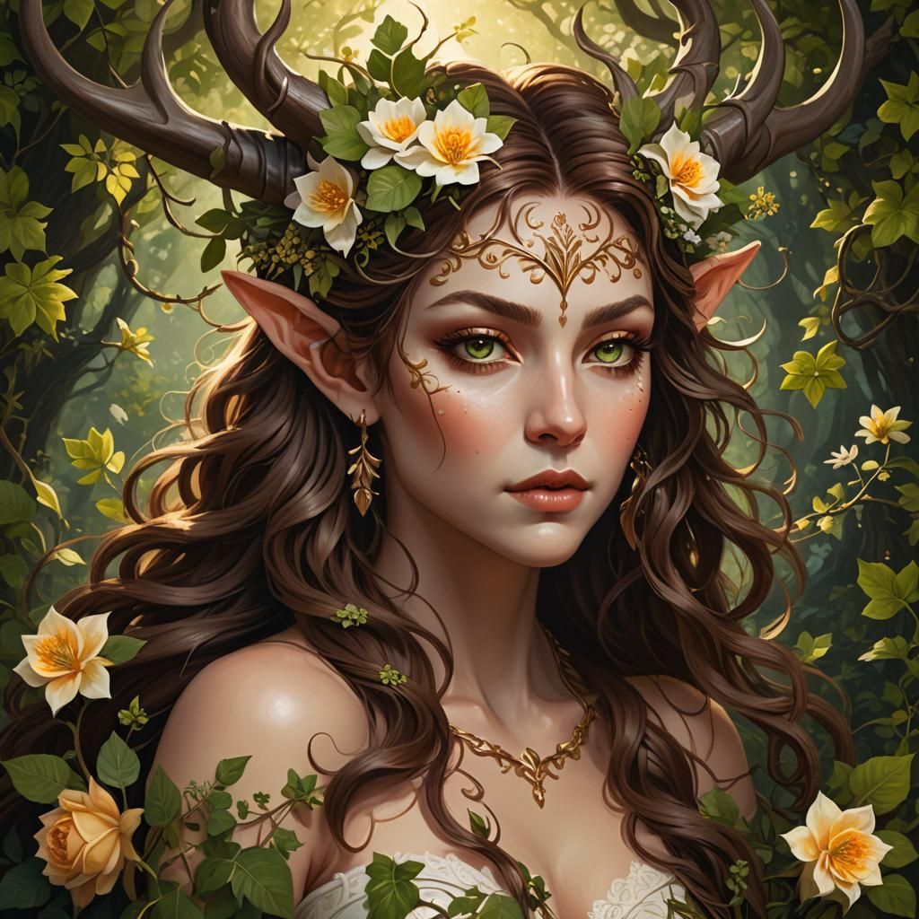 Fantasy Satyr with Flowers, Vines, and Mystical Light
