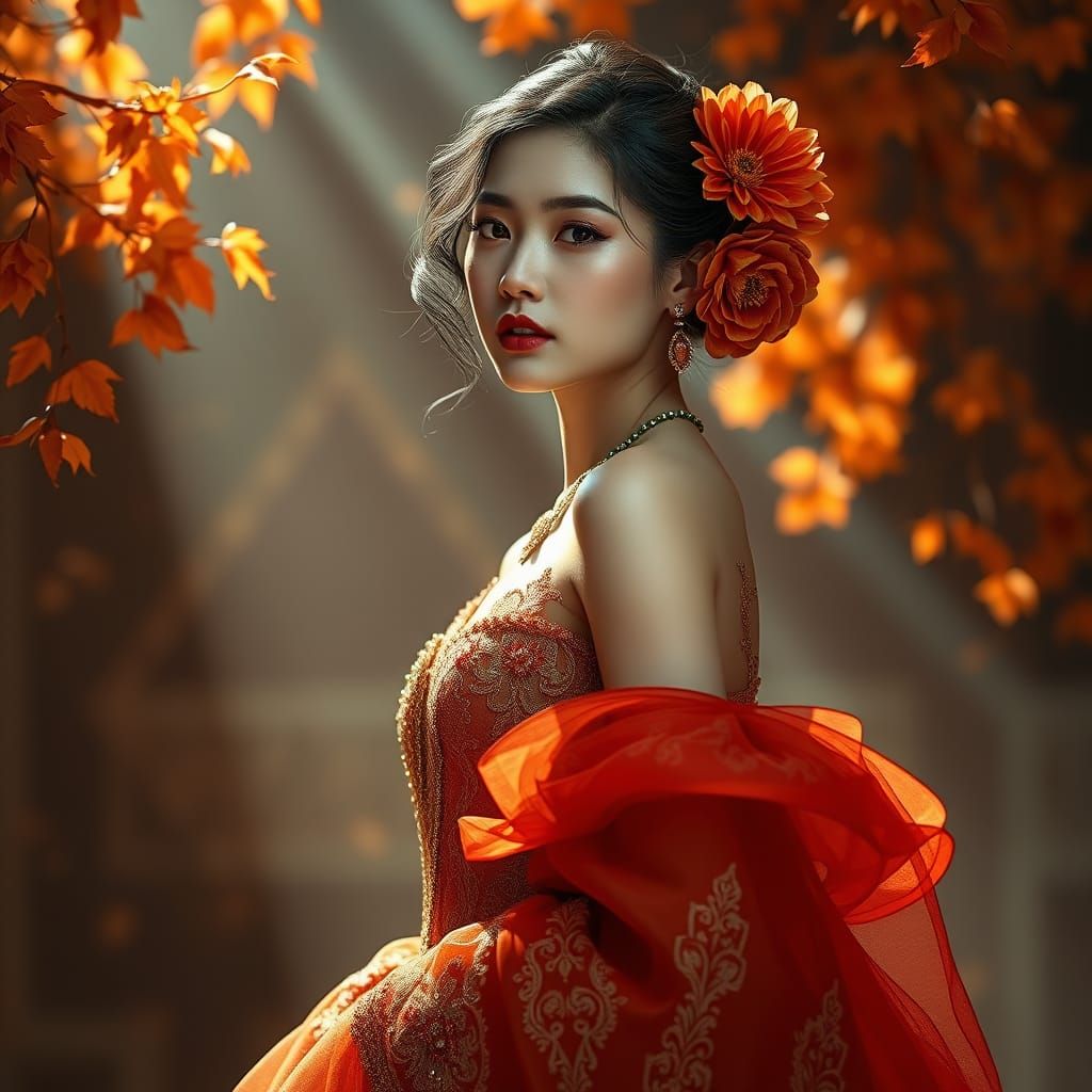 Regal Autumn Goddess in Haute Couture Wedding Gown with Chry...