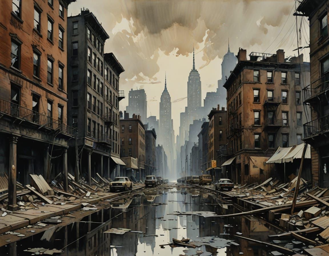 Post-Apocalyptic New York Cityscape in Cel-Shaded Watercolor