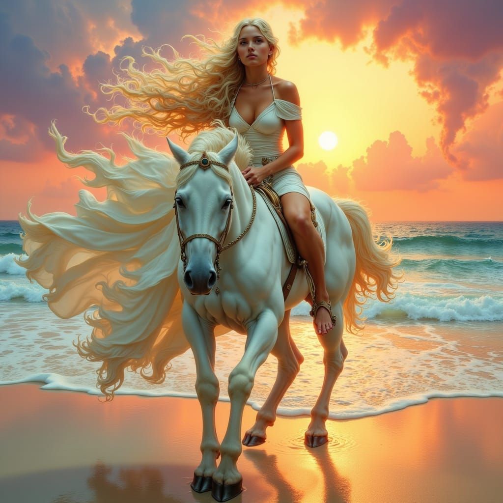 Woman Riding Horse on Beach at Sunset in Oil Painting Style