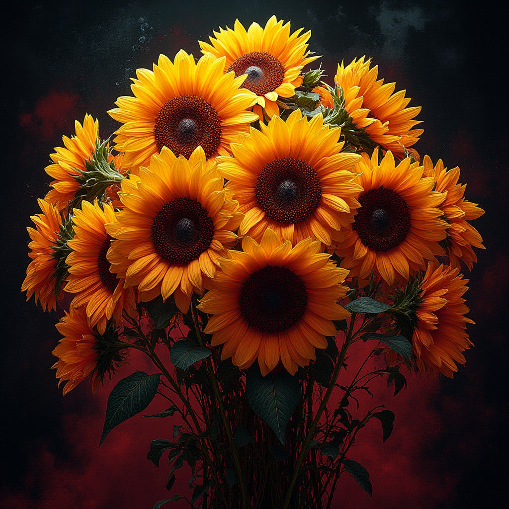 Eerie Sunflowers Against Dramatic Black Background