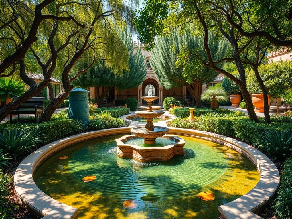 Andalusian Garden Serene Fountain in Impressionist Style