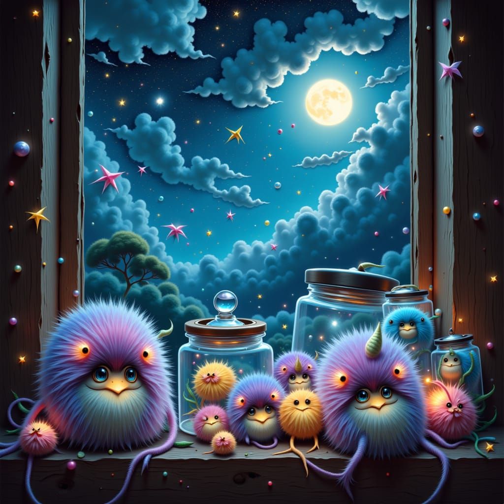 Whimsical Monsters in Glass Jars Under Starry Night Sky