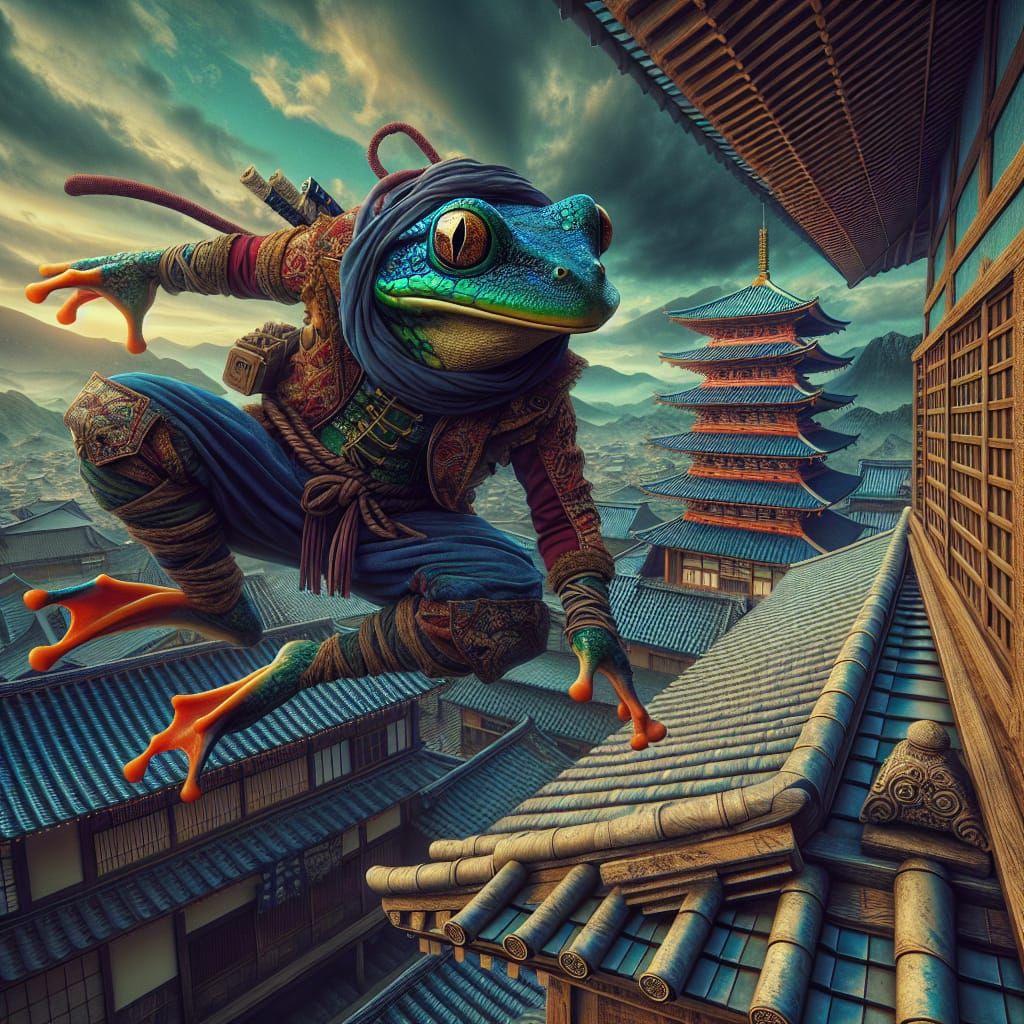 Frog Ninja Leaping Across Rooftops: Matte Painting