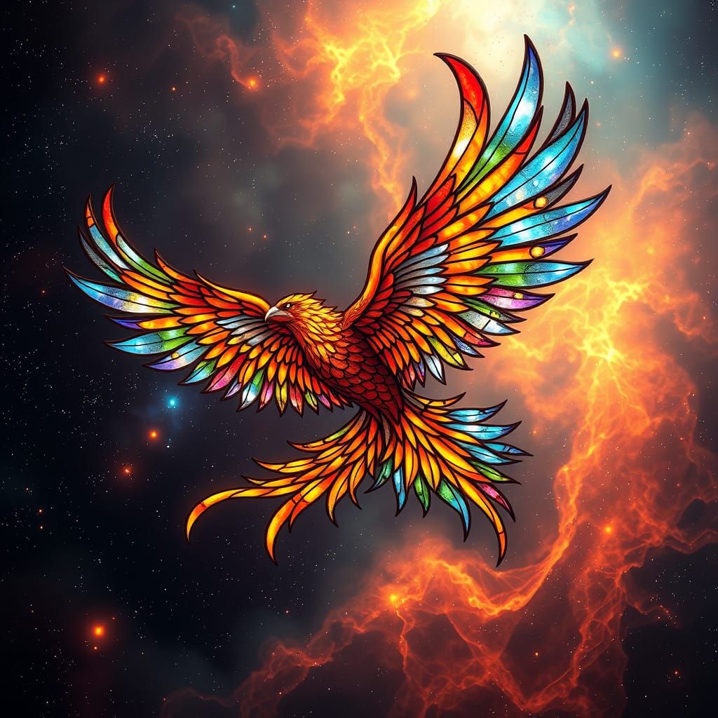 Stained Glass Phoenix Soaring Through Nebula