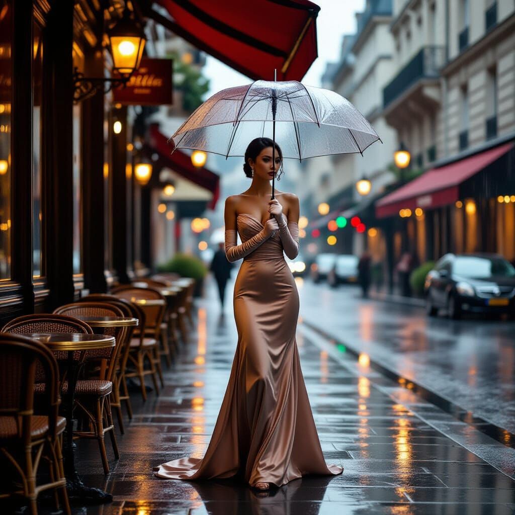 Parisian Cafe: Woman in Satin Gown in Rain