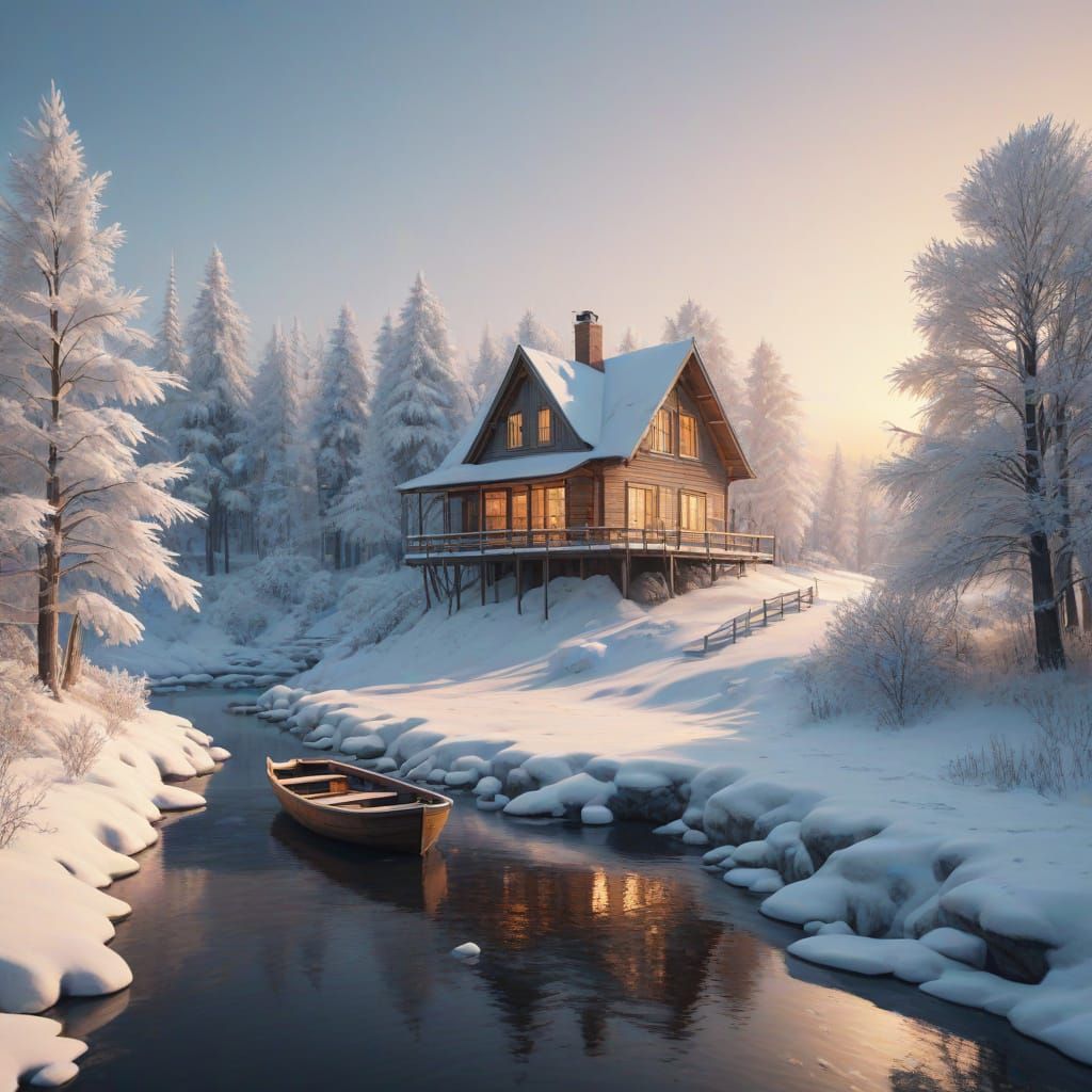 Surreal Winter Wonderland in Watercolor-Inspired Digital Art