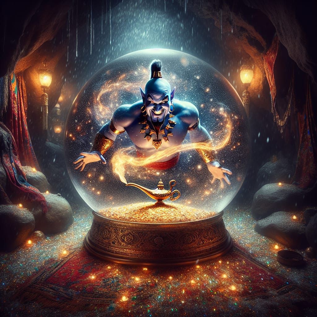 Genie in a Snow Globe with Glimmering Treasure