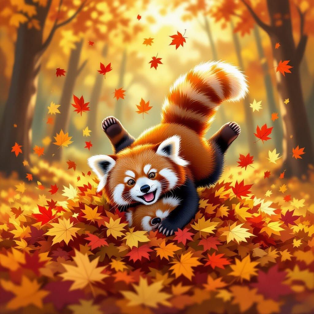 Joyful Red Panda Tumbles into Autumn Leaves