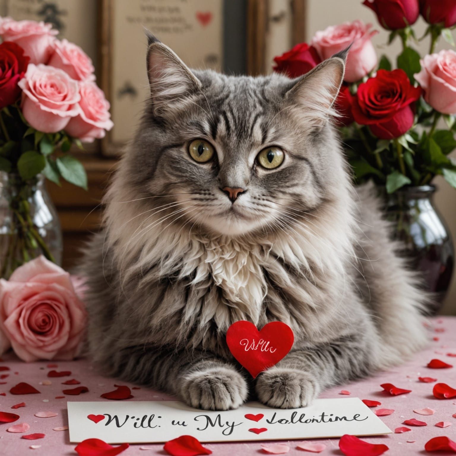 Cute Gray Cat Asks for Valentine's Heart in a Romantic Setti...