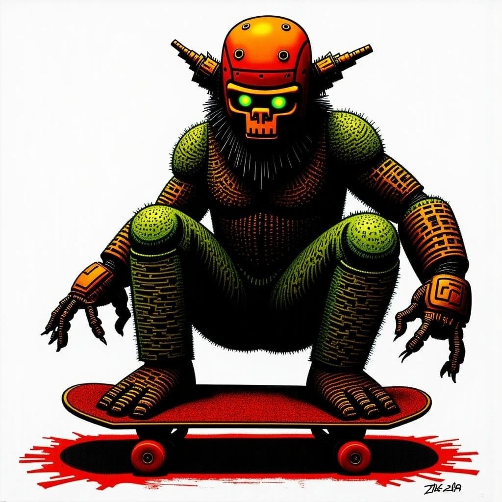 Bigfoot Portrait on Skateboard in Vibrant Colors