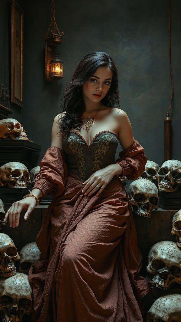 Vintage Pin-Up With Sculls and Fretwork, Draped in Fabric