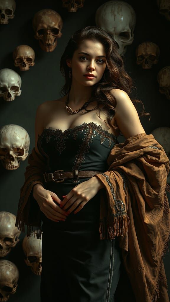Vintage Pin-Up Dressed in Fretwork, Surrounded by Skulls