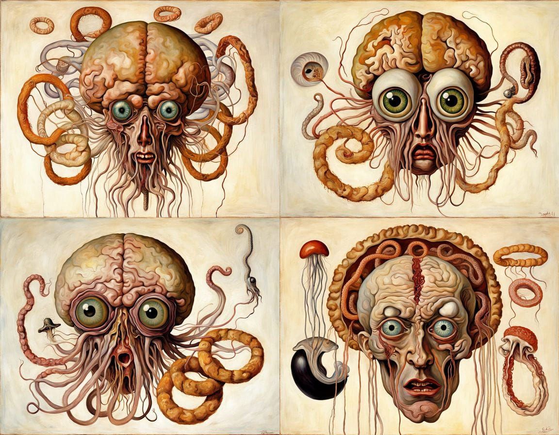 Surreal Jellyfish Brain in Schiele Style Oil Painting